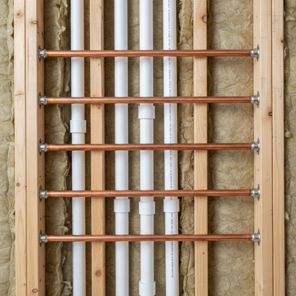 The image appears to be a close-up view of pipes within a wall.